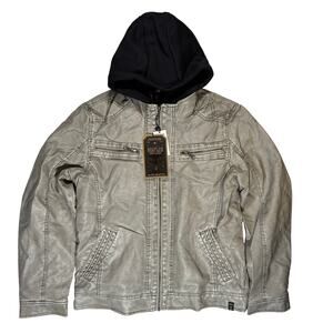 Surplus Faux Leather Motorcycle Bomber Biker Hoodie Jacket M Gray Fleece Lined